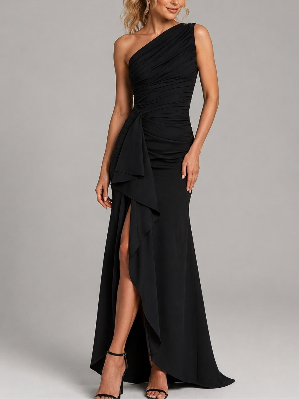 🆕🖤✨Chiara Boni La Petite Robe Black One Shoulder Ruched Ruffle Maxi Gown 42/US 6